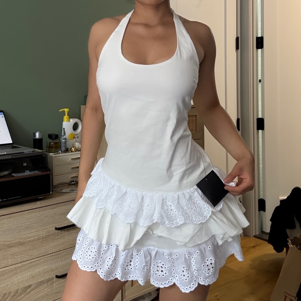 White Halter Dress with Eyelet Ruffle Skirt